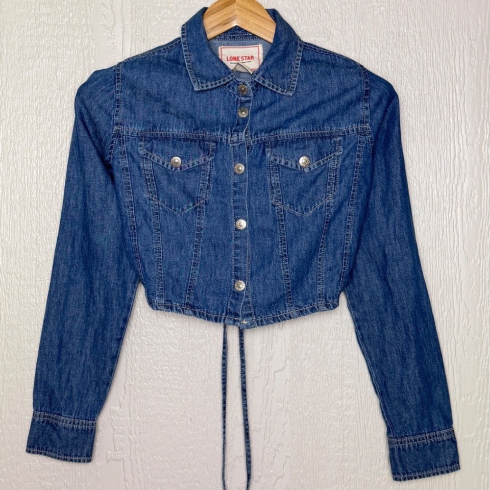 Lone Star Denim Jacket Womens Medium Blue Cropped Lace Up Back Western Boho